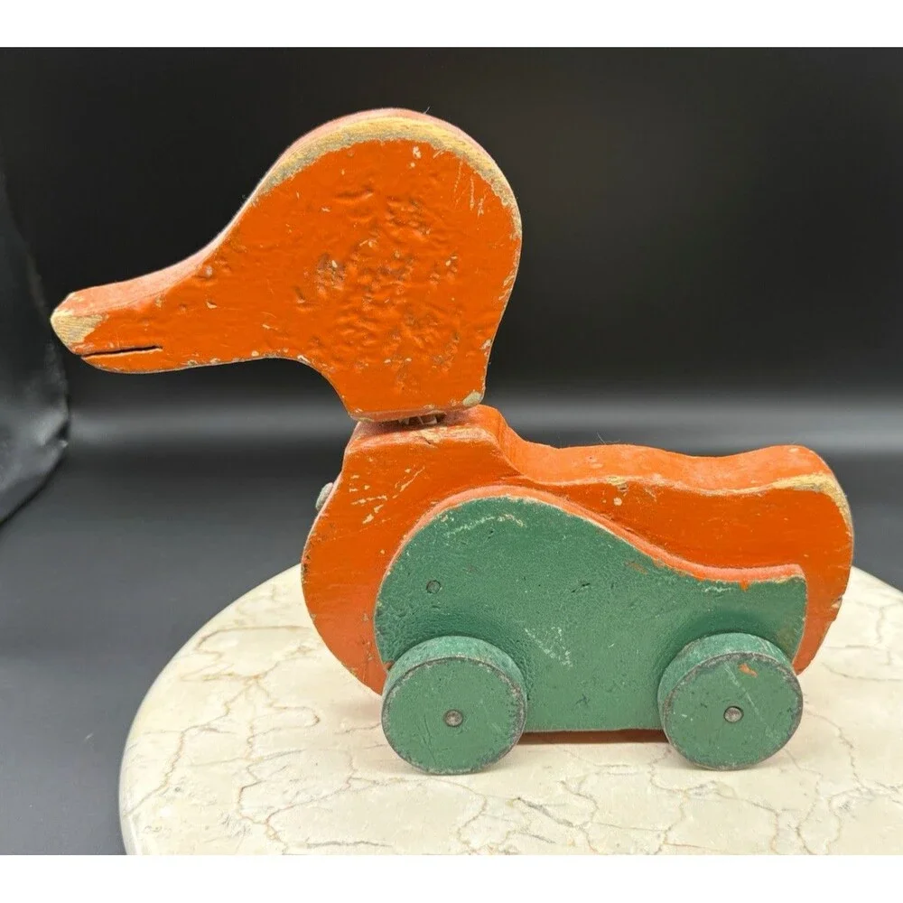 Vintage Wooden Duck Pull Toy Primitive Folk Art Rolling Wobble Head 1940s-60s